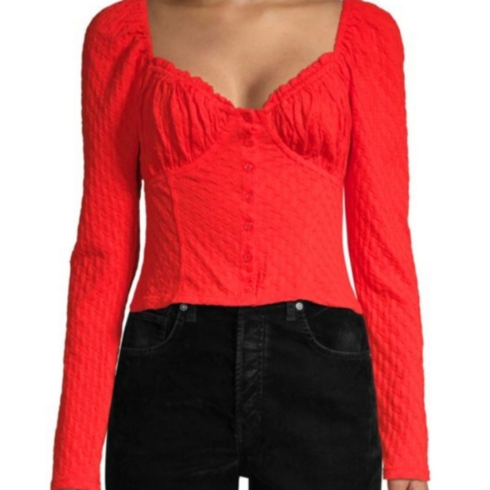 New 🎀 Free People Red corset cropped top long sleeves textured